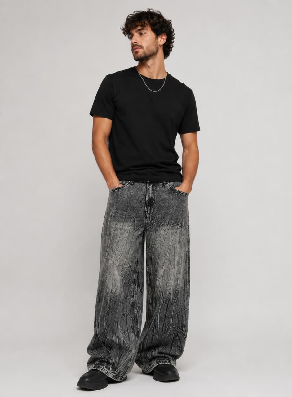 Men Grey Vintage Baggy Wide Leg Jeans