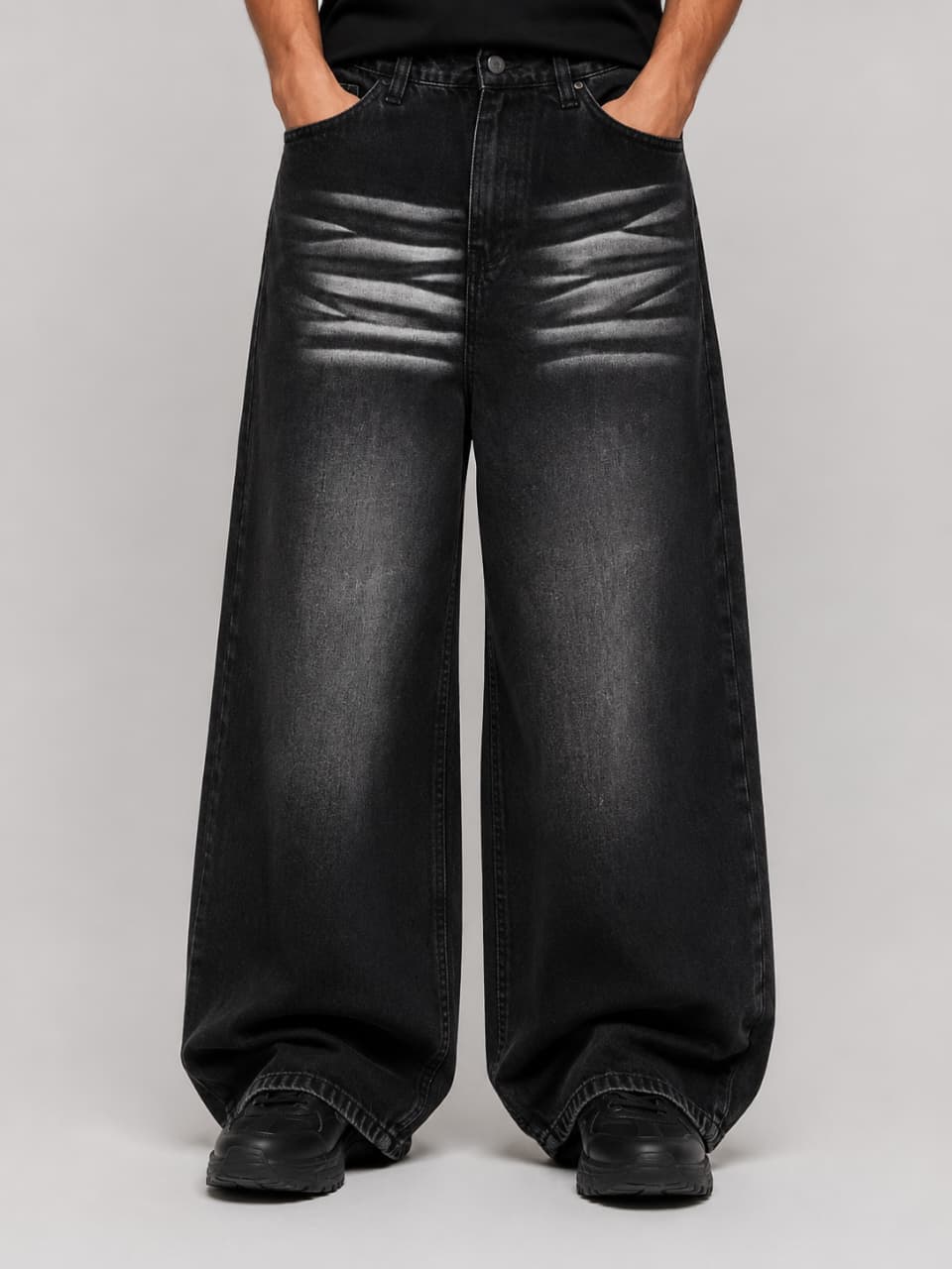 Men Black Vintage Baggy Wide Leg Jeans