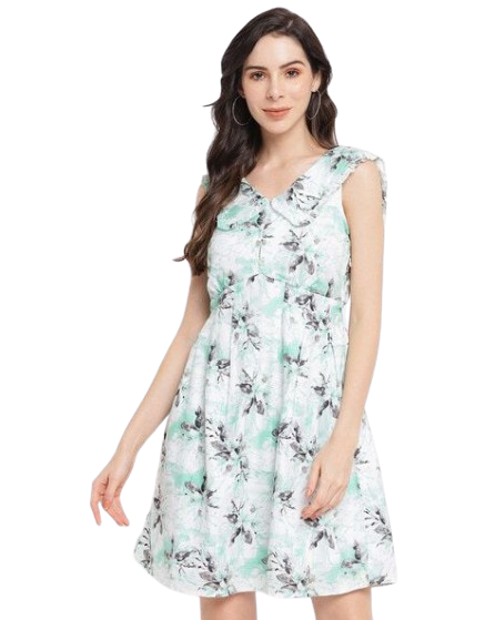 Women's Green Sleeveless A-Line Printed Dress Front View