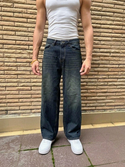 Men Wide Leg Vintage Wash Baggy Jeans