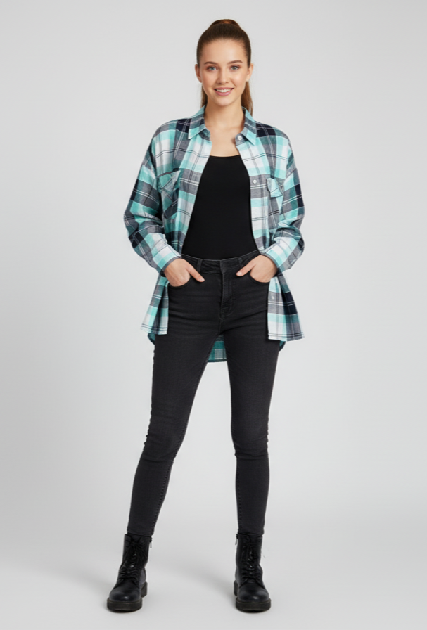 Womens Sea Green Drop Shoulder Check Shirt With Pocket  Front View