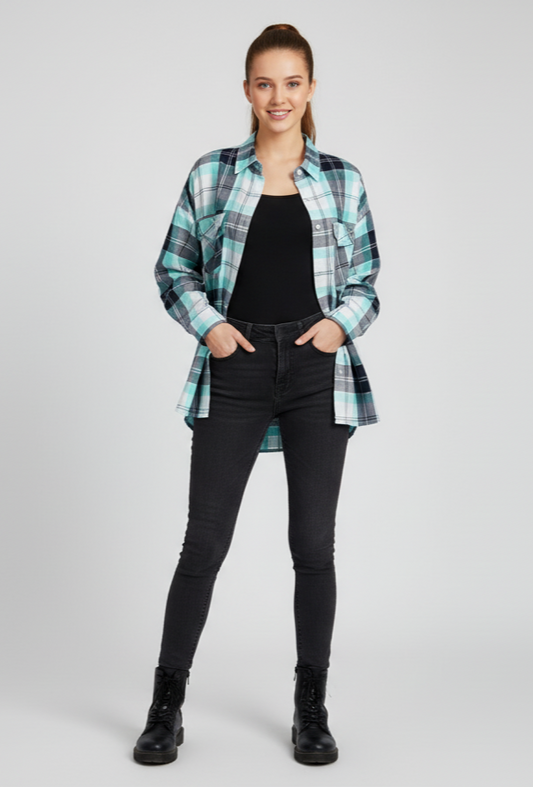 Womens Sea Green Drop Shoulder Check Shirt With Pocket  Front View