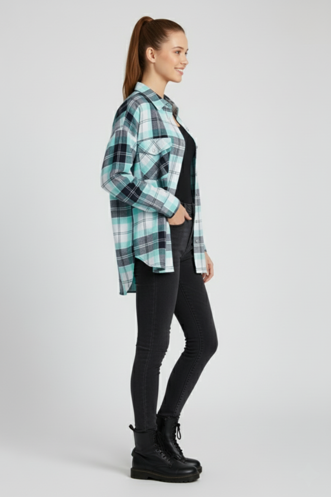 Womens Sea Green Drop Shoulder Check Shirt With Pocket  Side View