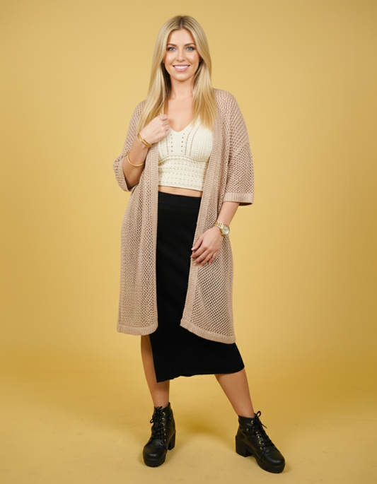 Women Beige Long Shimmer Shrug Front View