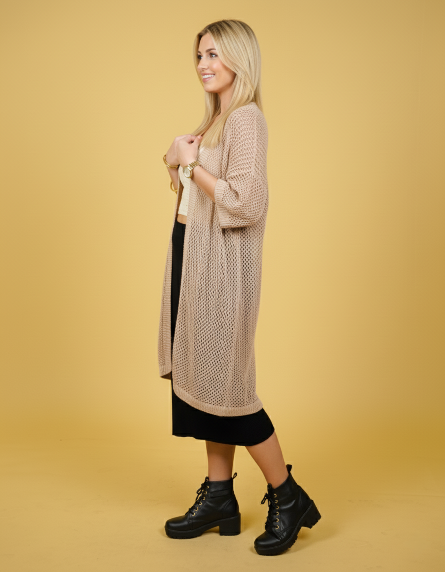 Women Beige Long Shimmer Shrug Side View