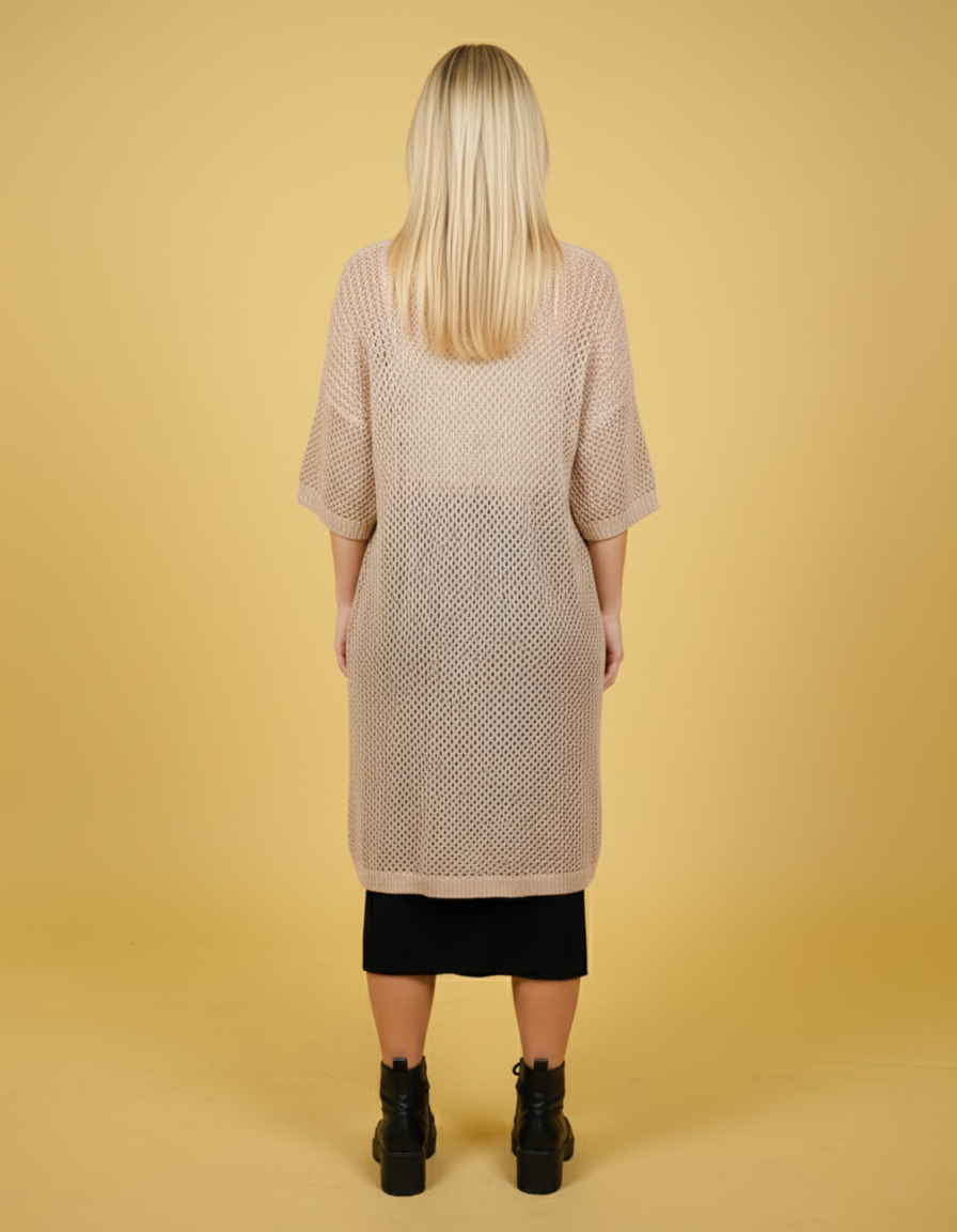 Women Beige Long Shimmer Shrug Back View